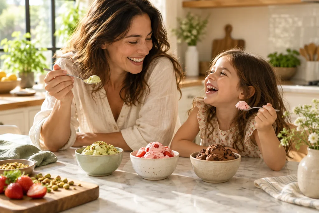 A woman and child enjoying colourful frozen desserts.