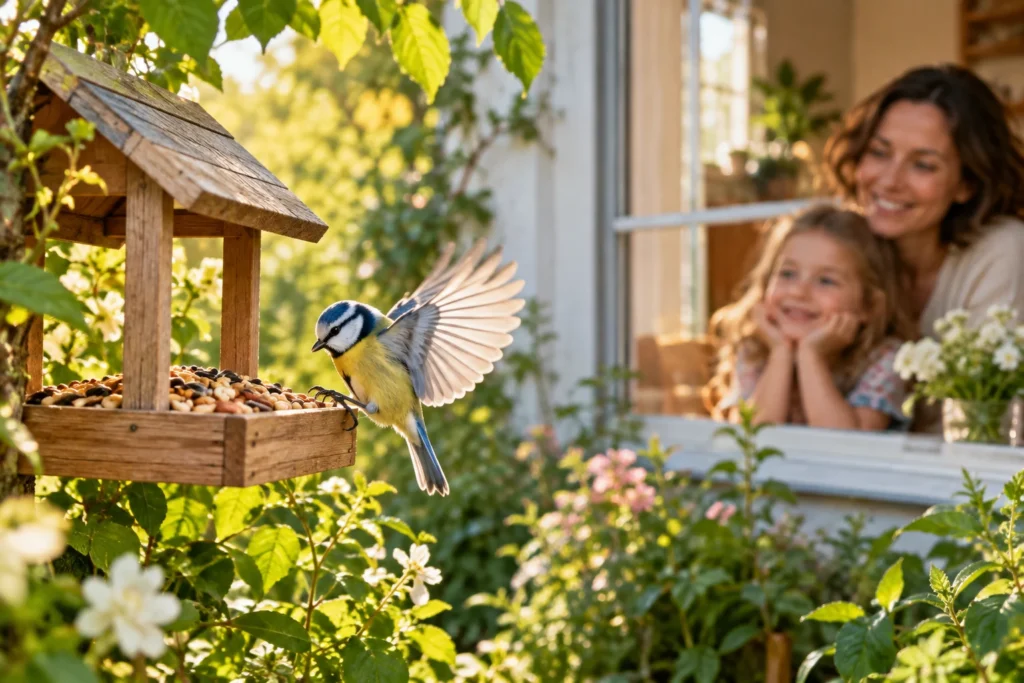 A bird visiting a feeder while a family watches through a window.