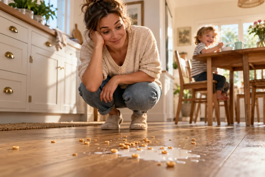 A parent looking at cereal crumbs and spilled milk on a hard floor.